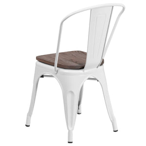 English Elm Perry Stackable Metal Chair with Wood Seat – Vintage Bistro Style for Dining and Commercial Spaces White CH-31230-WH-WD-GG