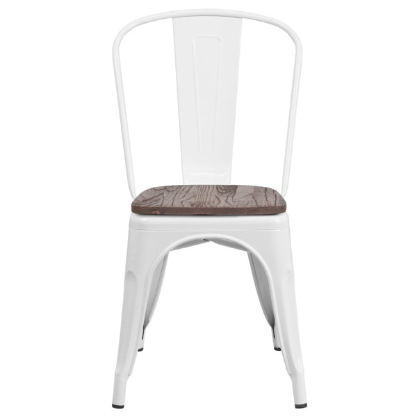 English Elm Perry Stackable Metal Chair with Wood Seat – Vintage Bistro Style for Dining and Commercial Spaces White CH-31230-WH-WD-GG