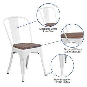 English Elm Perry Stackable Metal Chair with Wood Seat – Vintage Bistro Style for Dining and Commercial Spaces White CH-31230-WH-WD-GG