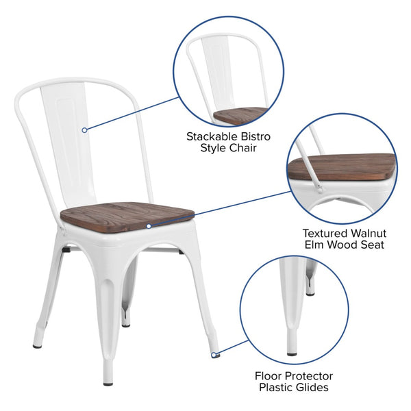 English Elm Perry Stackable Metal Chair with Wood Seat – Vintage Bistro Style for Dining and Commercial Spaces White CH-31230-WH-WD-GG
