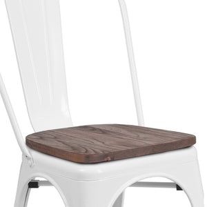 English Elm Perry Stackable Metal Chair with Wood Seat – Vintage Bistro Style for Dining and Commercial Spaces White CH-31230-WH-WD-GG