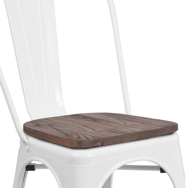 English Elm Perry Stackable Metal Chair with Wood Seat – Vintage Bistro Style for Dining and Commercial Spaces White CH-31230-WH-WD-GG