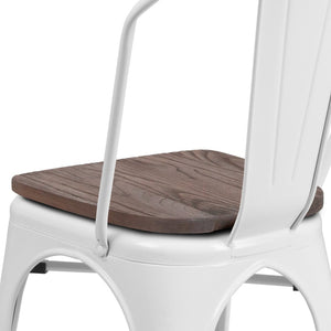 English Elm Perry Stackable Metal Chair with Wood Seat – Vintage Bistro Style for Dining and Commercial Spaces White CH-31230-WH-WD-GG