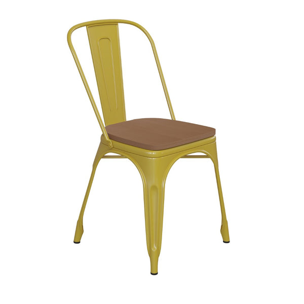 English Elm Perry Commercial Grade Metal Stackable Chair for Indoor-Outdoor Dining, Durable & Stylish Design Teak Seat/Yellow Frame CH-31230-YL-PL1T-GG