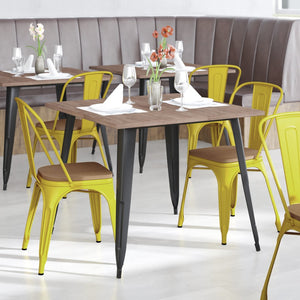 English Elm Perry Commercial Grade Metal Stackable Chair for Indoor-Outdoor Dining, Durable & Stylish Design Teak Seat/Yellow Frame CH-31230-YL-PL1T-GG