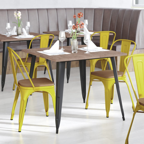 English Elm Perry Commercial Grade Metal Stackable Chair for Indoor-Outdoor Dining, Durable & Stylish Design Teak Seat/Yellow Frame CH-31230-YL-PL1T-GG