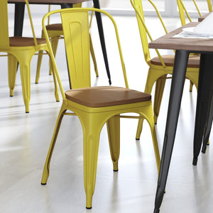 English Elm Perry Commercial Grade Metal Stackable Chair for Indoor-Outdoor Dining, Durable & Stylish Design Teak Seat/Yellow Frame CH-31230-YL-PL1T-GG