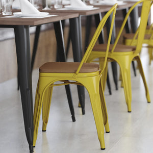 English Elm Perry Commercial Grade Metal Stackable Chair for Indoor-Outdoor Dining, Durable & Stylish Design Teak Seat/Yellow Frame CH-31230-YL-PL1T-GG