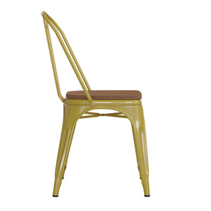 English Elm Perry Commercial Grade Metal Stackable Chair for Indoor-Outdoor Dining, Durable & Stylish Design Teak Seat/Yellow Frame CH-31230-YL-PL1T-GG