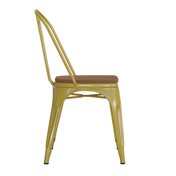 English Elm Perry Commercial Grade Metal Stackable Chair for Indoor-Outdoor Dining, Durable & Stylish Design Teak Seat/Yellow Frame CH-31230-YL-PL1T-GG