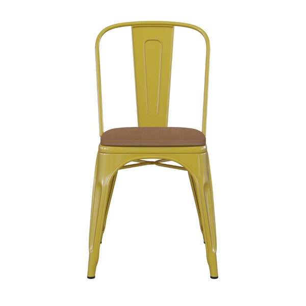 English Elm Perry Commercial Grade Metal Stackable Chair for Indoor-Outdoor Dining, Durable & Stylish Design Teak Seat/Yellow Frame CH-31230-YL-PL1T-GG