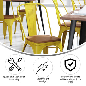 English Elm Perry Commercial Grade Metal Stackable Chair for Indoor-Outdoor Dining, Durable & Stylish Design Teak Seat/Yellow Frame CH-31230-YL-PL1T-GG