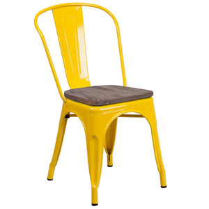 English Elm Perry Stackable Metal Chair with Wood Seat – Vintage Bistro Style for Dining and Commercial Spaces Yellow CH-31230-YL-WD-GG
