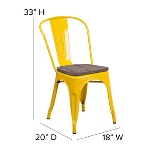English Elm Perry Stackable Metal Chair with Wood Seat – Vintage Bistro Style for Dining and Commercial Spaces Yellow CH-31230-YL-WD-GG