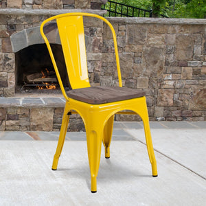 English Elm Perry Stackable Metal Chair with Wood Seat – Vintage Bistro Style for Dining and Commercial Spaces Yellow CH-31230-YL-WD-GG