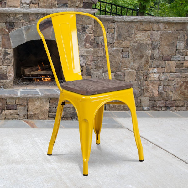 English Elm Perry Stackable Metal Chair with Wood Seat – Vintage Bistro Style for Dining and Commercial Spaces Yellow CH-31230-YL-WD-GG