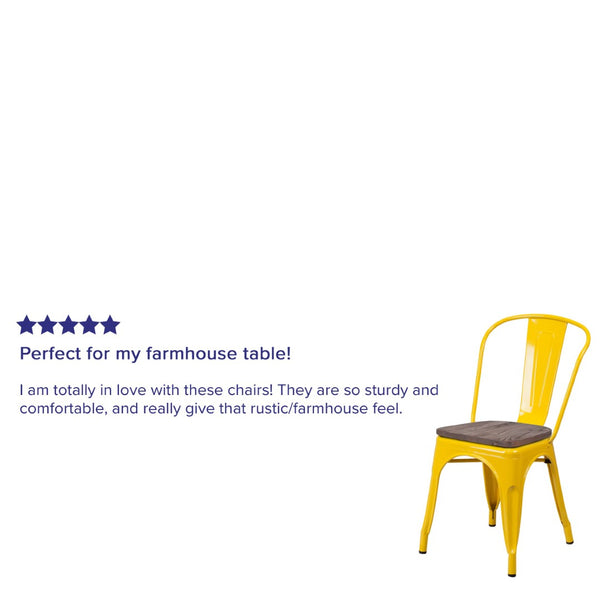 English Elm Perry Stackable Metal Chair with Wood Seat – Vintage Bistro Style for Dining and Commercial Spaces Yellow CH-31230-YL-WD-GG