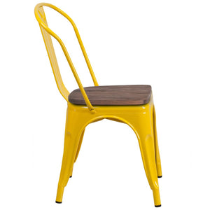 English Elm Perry Stackable Metal Chair with Wood Seat – Vintage Bistro Style for Dining and Commercial Spaces Yellow CH-31230-YL-WD-GG