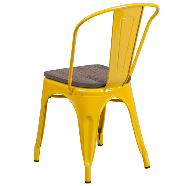 English Elm Perry Stackable Metal Chair with Wood Seat – Vintage Bistro Style for Dining and Commercial Spaces Yellow CH-31230-YL-WD-GG