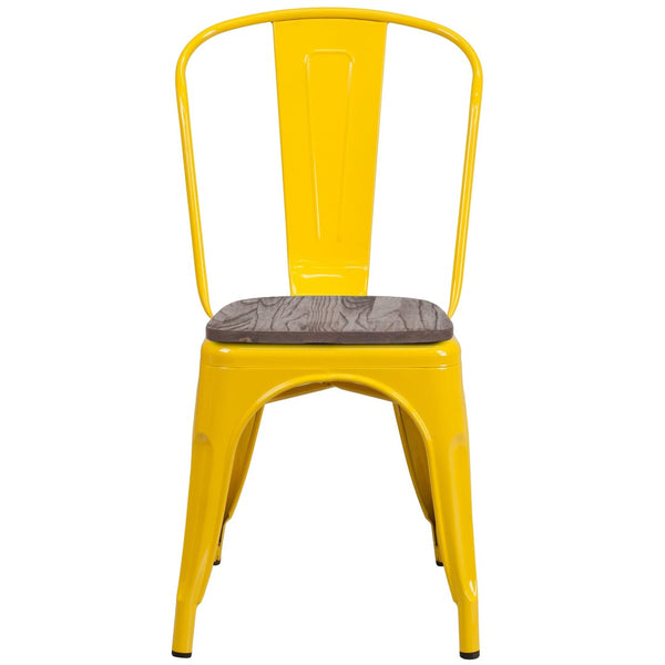 English Elm Perry Stackable Metal Chair with Wood Seat – Vintage Bistro Style for Dining and Commercial Spaces Yellow CH-31230-YL-WD-GG