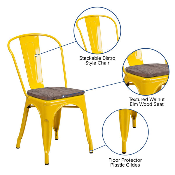 English Elm Perry Stackable Metal Chair with Wood Seat – Vintage Bistro Style for Dining and Commercial Spaces Yellow CH-31230-YL-WD-GG