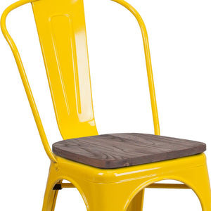 English Elm Perry Stackable Metal Chair with Wood Seat – Vintage Bistro Style for Dining and Commercial Spaces Yellow CH-31230-YL-WD-GG
