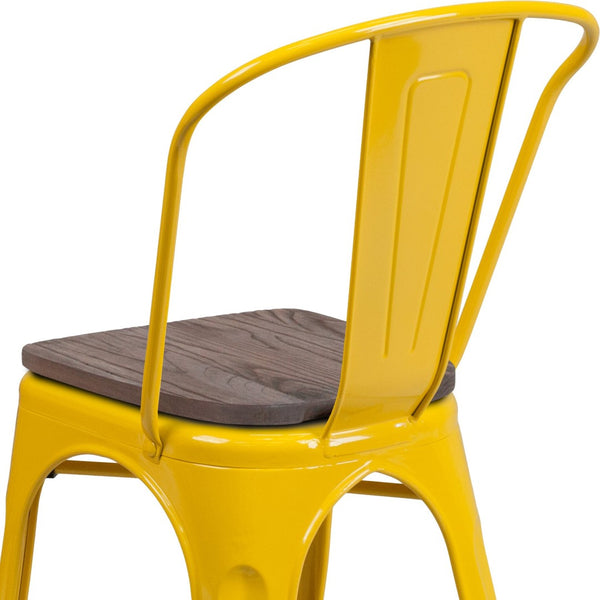 English Elm Perry Stackable Metal Chair with Wood Seat – Vintage Bistro Style for Dining and Commercial Spaces Yellow CH-31230-YL-WD-GG