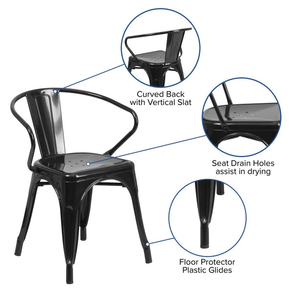 English Elm Luna Commercial-Grade Metal Bistro Chair for Indoor-Outdoor Use with Arms and Easy Storage Solutions Black CH-31270-BK-GG