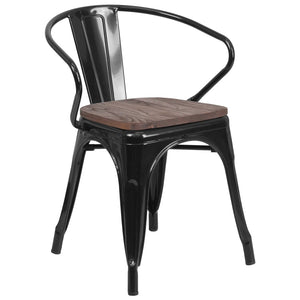 English Elm Luna Modern-Rustic Metal Bistro Chair with Wood Seat and Arms for Stylish Dining Spaces Black CH-31270-BK-WD-GG
