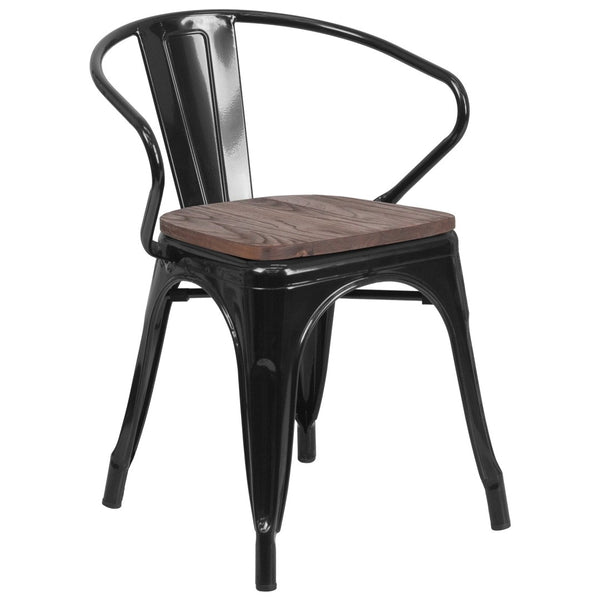 English Elm Luna Modern-Rustic Metal Bistro Chair with Wood Seat and Arms for Stylish Dining Spaces Black CH-31270-BK-WD-GG