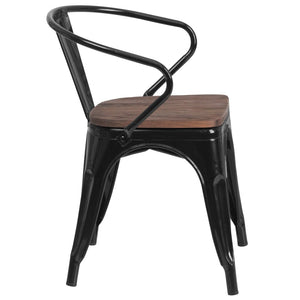 English Elm Luna Modern-Rustic Metal Bistro Chair with Wood Seat and Arms for Stylish Dining Spaces Black CH-31270-BK-WD-GG