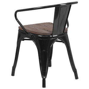 English Elm Luna Modern-Rustic Metal Bistro Chair with Wood Seat and Arms for Stylish Dining Spaces Black CH-31270-BK-WD-GG