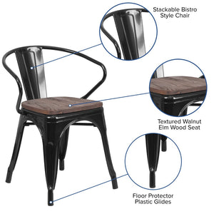 English Elm Luna Modern-Rustic Metal Bistro Chair with Wood Seat and Arms for Stylish Dining Spaces Black CH-31270-BK-WD-GG