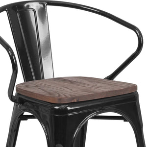 English Elm Luna Modern-Rustic Metal Bistro Chair with Wood Seat and Arms for Stylish Dining Spaces Black CH-31270-BK-WD-GG