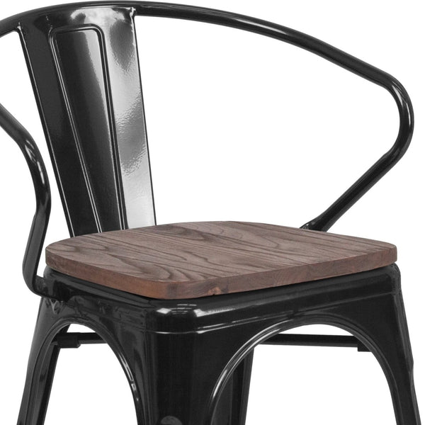 English Elm Luna Modern-Rustic Metal Bistro Chair with Wood Seat and Arms for Stylish Dining Spaces Black CH-31270-BK-WD-GG