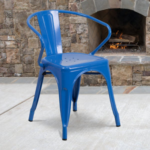 English Elm Luna Commercial-Grade Metal Bistro Chair for Indoor-Outdoor Use with Arms and Easy Storage Solutions Blue CH-31270-BL-GG