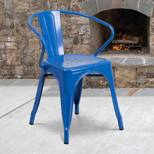 English Elm Luna Commercial-Grade Metal Bistro Chair for Indoor-Outdoor Use with Arms and Easy Storage Solutions Blue CH-31270-BL-GG