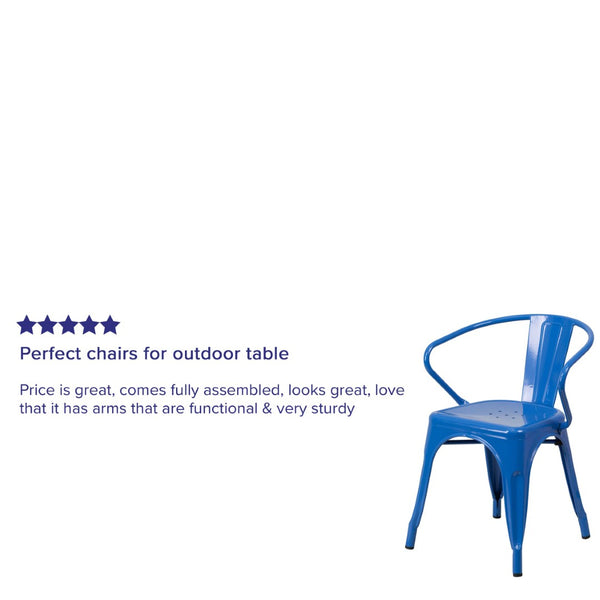 English Elm Luna Commercial-Grade Metal Bistro Chair for Indoor-Outdoor Use with Arms and Easy Storage Solutions Blue CH-31270-BL-GG
