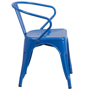 English Elm Luna Commercial-Grade Metal Bistro Chair for Indoor-Outdoor Use with Arms and Easy Storage Solutions Blue CH-31270-BL-GG
