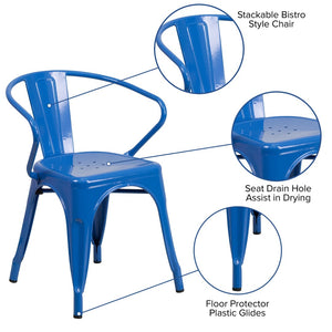 English Elm Luna Commercial-Grade Metal Bistro Chair for Indoor-Outdoor Use with Arms and Easy Storage Solutions Blue CH-31270-BL-GG