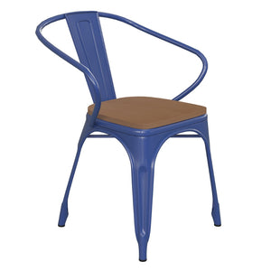 English Elm Luna Commercial Grade Metal Chair for Indoor-Outdoor Use - Durable, Stylish, and Stackable Design Teak Seat/Blue Frame CH-31270-BL-PL1T-GG