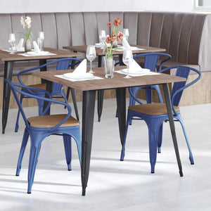 English Elm Luna Commercial Grade Metal Chair for Indoor-Outdoor Use - Durable, Stylish, and Stackable Design Teak Seat/Blue Frame CH-31270-BL-PL1T-GG