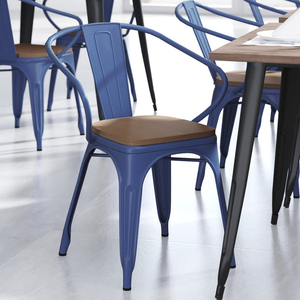 English Elm Luna Commercial Grade Metal Chair for Indoor-Outdoor Use - Durable, Stylish, and Stackable Design Teak Seat/Blue Frame CH-31270-BL-PL1T-GG