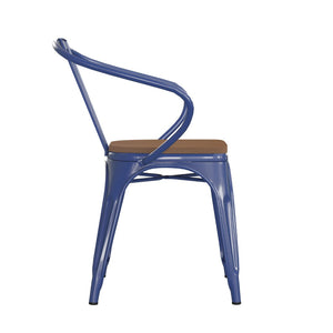 English Elm Luna Commercial Grade Metal Chair for Indoor-Outdoor Use - Durable, Stylish, and Stackable Design Teak Seat/Blue Frame CH-31270-BL-PL1T-GG