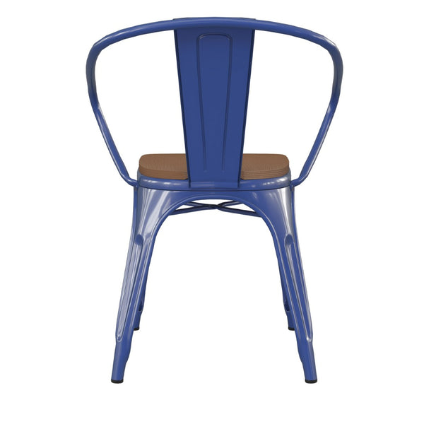 English Elm Luna Commercial Grade Metal Chair for Indoor-Outdoor Use - Durable, Stylish, and Stackable Design Teak Seat/Blue Frame CH-31270-BL-PL1T-GG