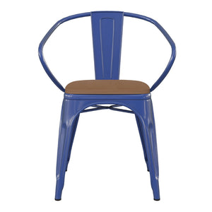 English Elm Luna Commercial Grade Metal Chair for Indoor-Outdoor Use - Durable, Stylish, and Stackable Design Teak Seat/Blue Frame CH-31270-BL-PL1T-GG