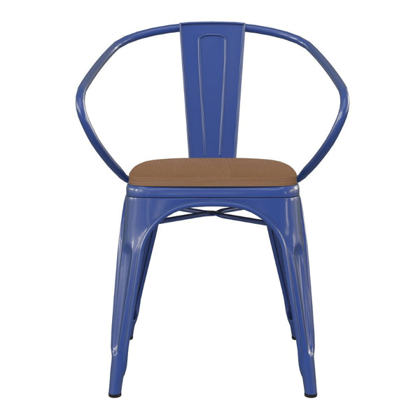 English Elm Luna Commercial Grade Metal Chair for Indoor-Outdoor Use - Durable, Stylish, and Stackable Design Teak Seat/Blue Frame CH-31270-BL-PL1T-GG