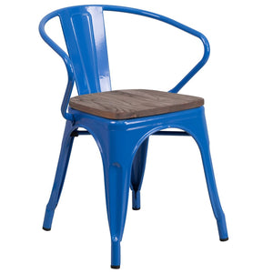 English Elm Luna Modern-Rustic Metal Bistro Chair with Wood Seat and Arms for Stylish Dining Spaces Blue CH-31270-BL-WD-GG
