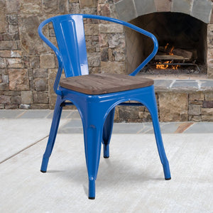 English Elm Luna Modern-Rustic Metal Bistro Chair with Wood Seat and Arms for Stylish Dining Spaces Blue CH-31270-BL-WD-GG