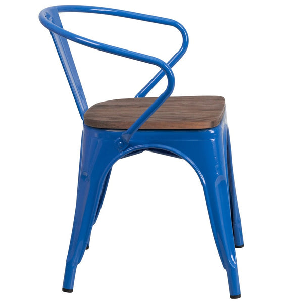 English Elm Luna Modern-Rustic Metal Bistro Chair with Wood Seat and Arms for Stylish Dining Spaces Blue CH-31270-BL-WD-GG